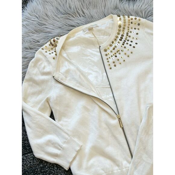 Michael Kors Cream Lined Cardigan And Tank Set W/Gold Zippers & Sequins Large - Picture 6 of 6